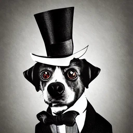 Prompt: portrait of a dog wearing a suit and a top hat and a monocle on one eye, digital art, duotone