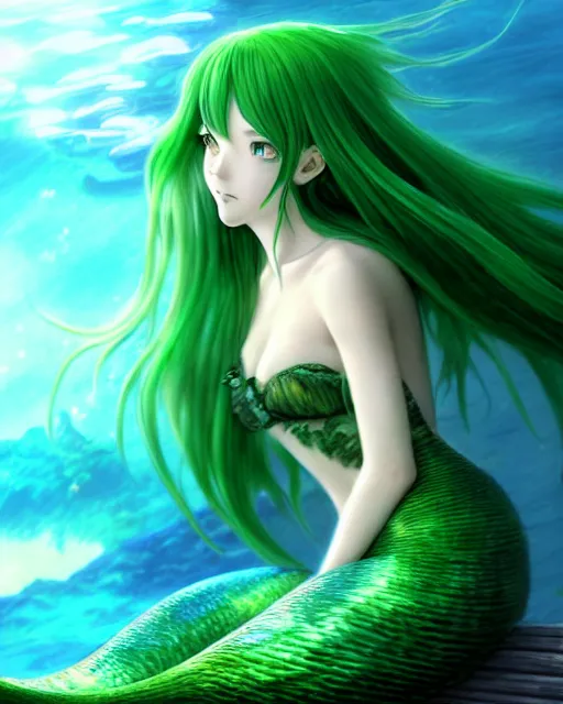 Prompt: beautiful green hair mermaid with tail, anime style, epic underwater scenery wallpaper aesthetic, pastel colors, cinematic, dramatic, super detailed and intricate, hyper realistic, 4 k render, by artgerm, by kyoung hwan kim, by ralph mcquarrie, by yoshiyuki tomino