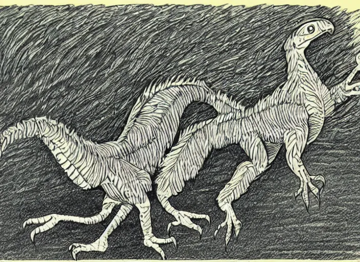 Image similar to a feathered velociraptor, full body, pen-and-ink illustration, etching, by Russ Nicholson, DAvid A Trampier, larry elmore, 1981, HQ scan, intricate details