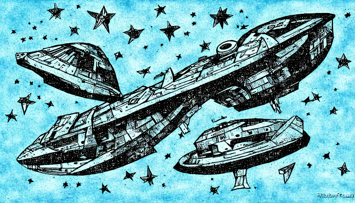 Prompt: spaceship in the sky by traditionnal rizoprint