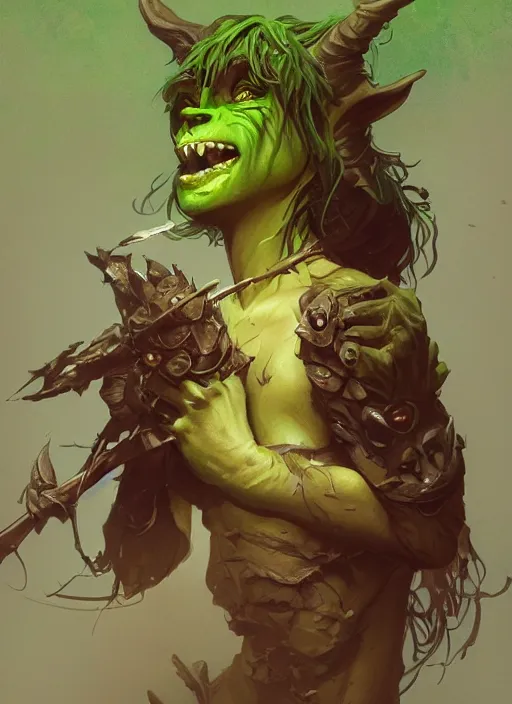 Image similar to a beautiful cute green skin goblin girl, D&D, fantasy, intricate, cinematic lighting, highly detailed, digital painting, artstation, concept art, smooth, sharp focus, illustration, art by Terry Moore and Greg Rutkowski and Alphonse Mucha