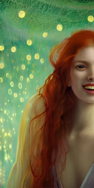 Image similar to young woman, smiling amazed, surrounded by firefly lights, full covering intricate detailed dress, amidst nature, long red hair, precise linework, accurate green eyes, small nose with freckles, beautiful smooth oval shape face, empathic, expressive emotions, dramatic lights, hyper realistic ultrafine art by artemisia gentileschi, jessica rossier, boris vallejo