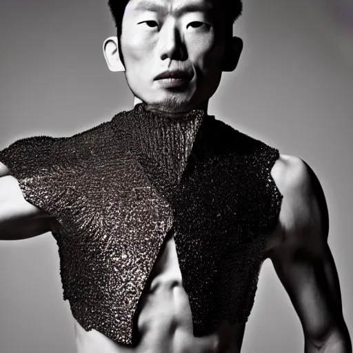 Image similar to a japanese male wearing a iris van herpen crop top, photographed by erwin olaf