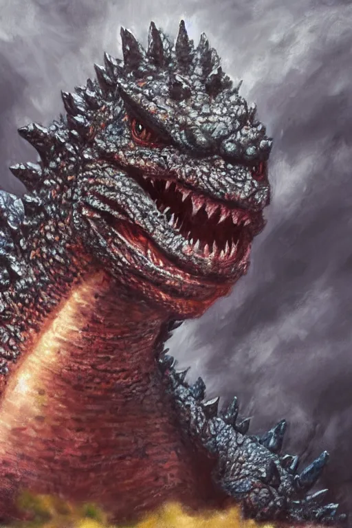 Image similar to a painting of baby godzilla, 4 k, very detailed,