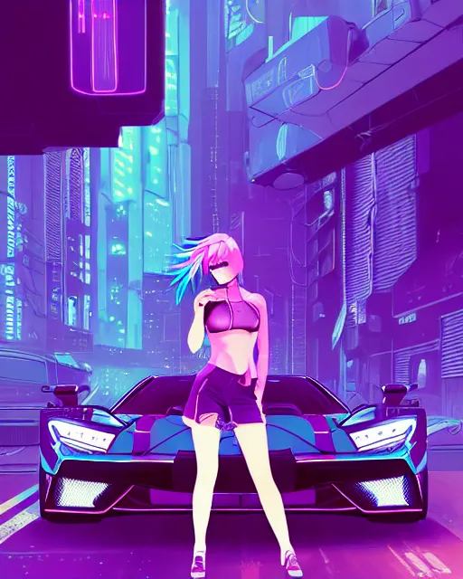 Image similar to digital illustration of cyberpunk pretty girl with blue hair, standing in front of a purple lamborghini, in junkyard at night, by makoto shinkai, ilya kuvshinov, lois van baarle, rossdraws, basquiat