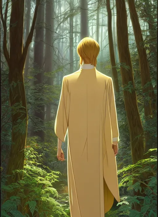 Prompt: slender young man with shoulder length shiny and sparkling golden blond hair, from behind, wearing wizard robes, lost in a forest, natural lighting, path traced, highly detailed, high quality, digital painting, by don bluth and ross tran and studio ghibli and alphonse mucha, artgerm