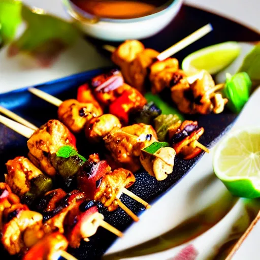 Image similar to thai peanut chicken skewers, michelin star food, detailed food, food photography