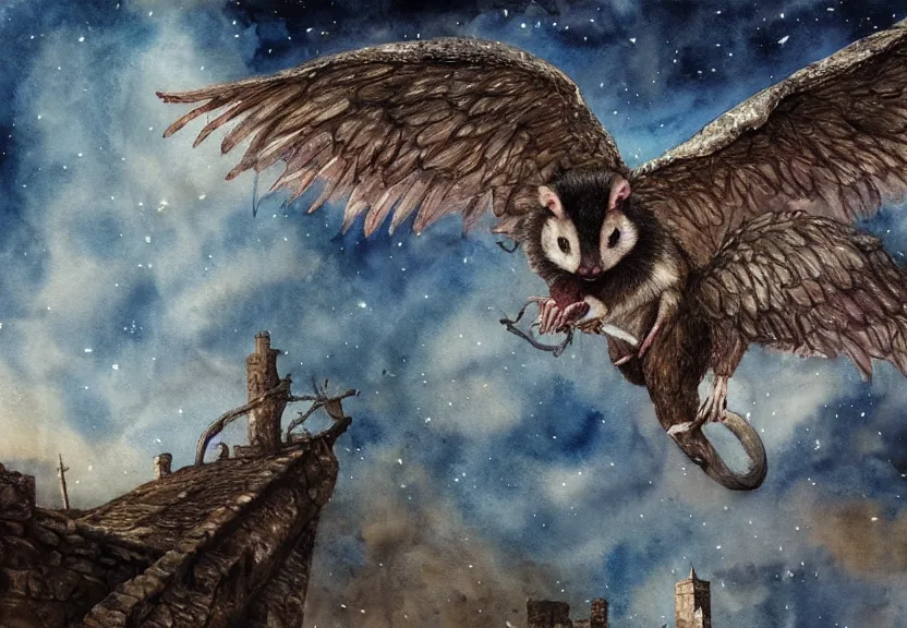 Image similar to Threatening winged possum flying over a medieval castle under a dark starred sky, dark fantasy, watercolor, dreaming illusion, highly detailed, 4k, trending on Artstation, award-winning