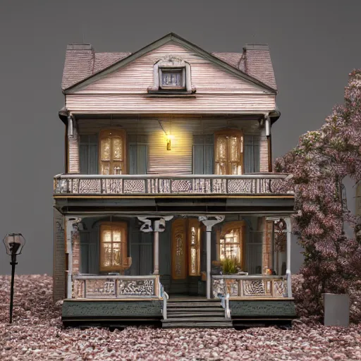 Prompt: photo of a Victorian dollhouse, outside view, extreme details, soft lighting, realistic octane render, 8k