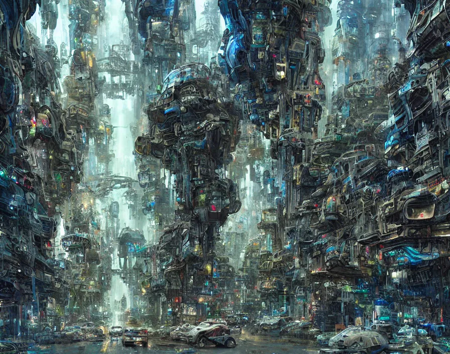 Prompt: street in dark alien city leading to park with with giant baobab trees and alien plants, perspective stretching upwards, a temple, huge alien buildings, bridges, puddles on ground, scifi, science fiction spacecraft, jagged blocks of stone, multicoloured, hr giger, john berkey, daniel dociu, jeremy mann,