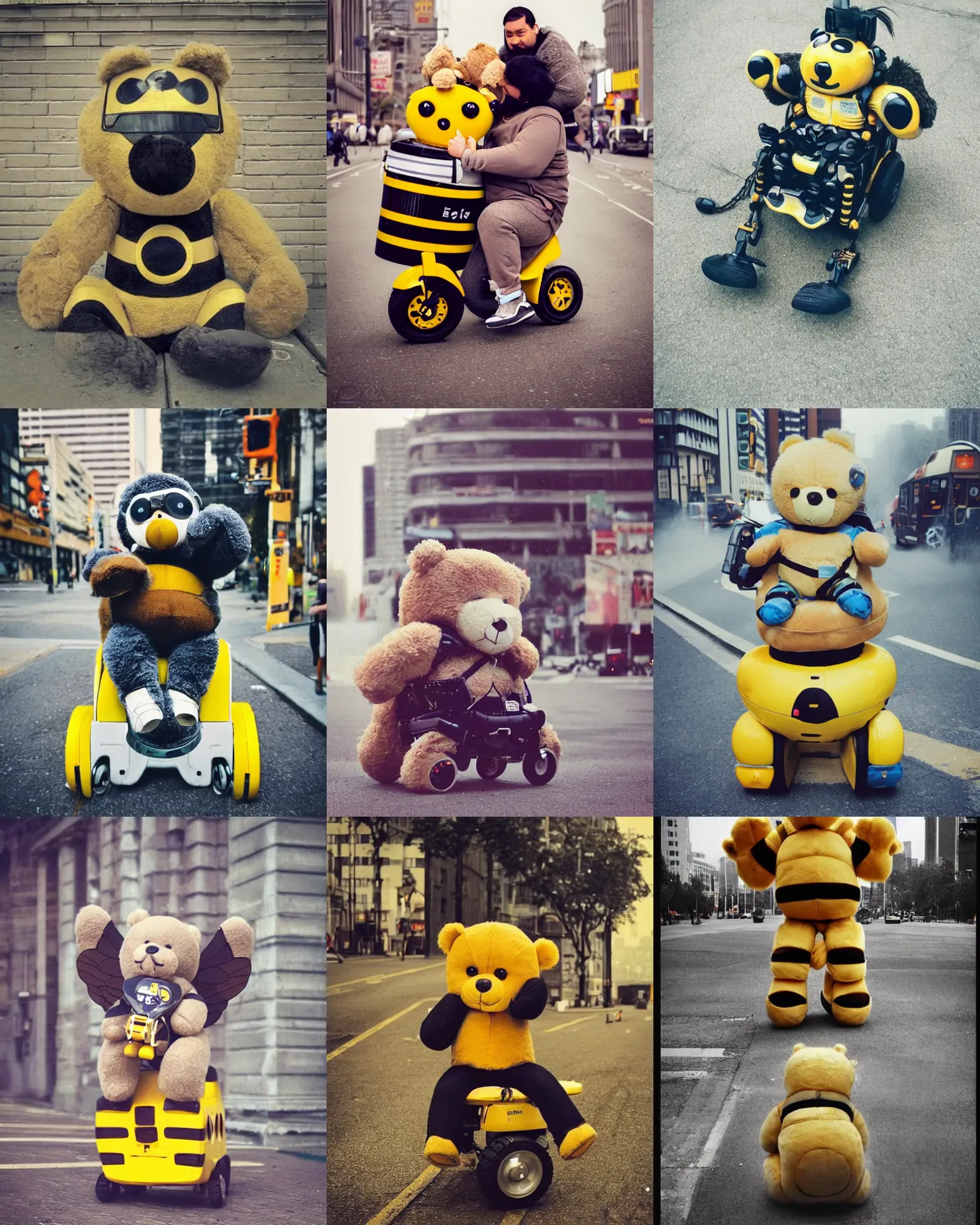 Prompt: cute! epic pose!!! giant oversized battle smiling yellow bee robot black stripes chubby mech baby sport wheelchair! double decker with giant oversized wings . teddy bear in sitting pose ,in busy city , full body , Cinematic focus, Polaroid photo, vintage , neutral dull colors, soft lights, foggy mist , by oleg oprisco , by national archives, by discovery channel, by victor enrich , by gregory crewdson
