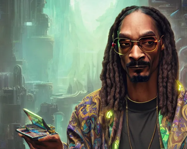 Prompt: man snoop dogg with cyberpunk implants, deep focus, d & d, fantasy, intricate, elegant, highly detailed, digital painting, artstation, concept art, matte, sharp focus, illustration, hearthstone, art by artgerm and greg rutkowski and alphonse mucha