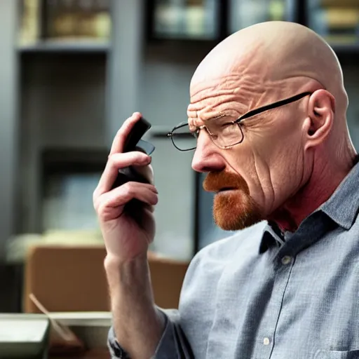 Prompt: walter white angry at someone while talking on the phone