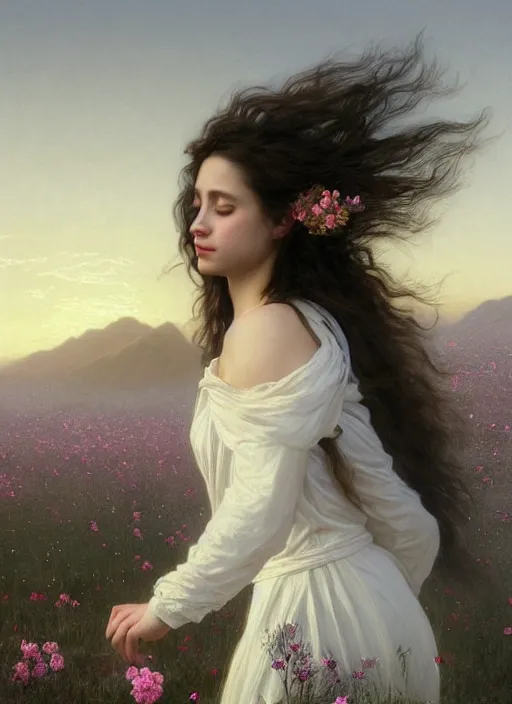 Image similar to oil painting portrait of a young woman with flowers in her long dark flowing hair in a white dress, dancing levitating floating over a field of flowers at sunset with mountains in the background, hazy, digital art, chiaroscuro, artstation, cinematic, golden hour, digital art painting by greg rutkowski, bouguereau, hazy atmosphere, flowers, cinematic lighting