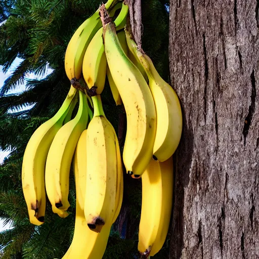 Image similar to 1 5 bananas hanging from a spruce tree, photograph, high quality, 4 k, uhd