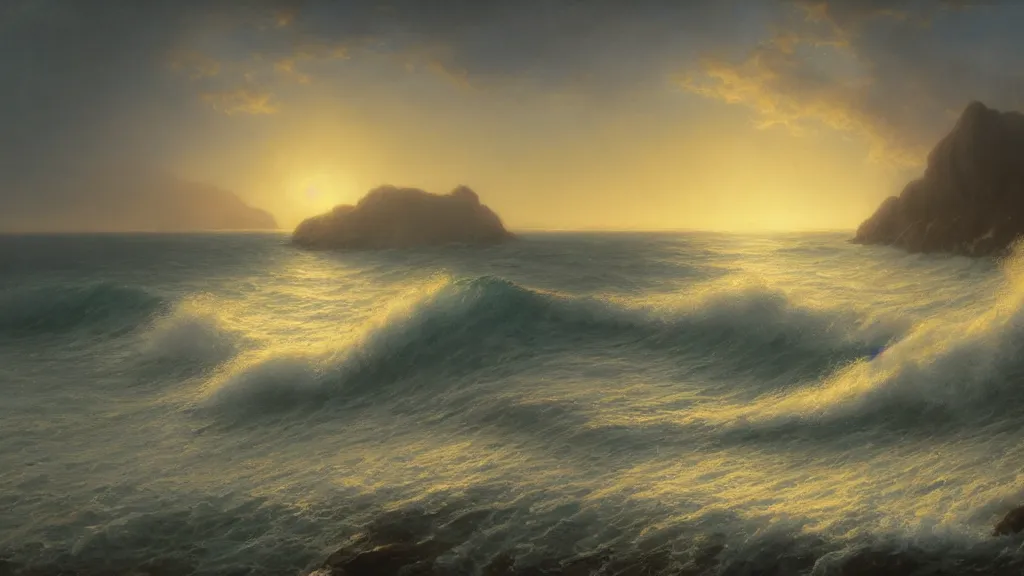Image similar to first person view of breaking waves on the shore, summer, delicate fog, sea breeze rises in the air, by andreas rocha and john howe, and Martin Johnson Heade, featured on artstation, featured on behance, golden ratio, ultrawide angle, f32, well composed