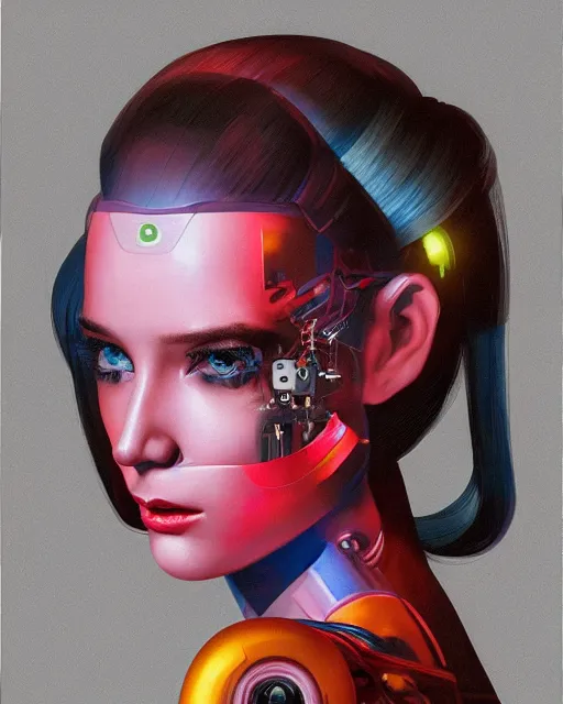 Image similar to dark portrait of a half - robot woman with circuits on her face, with cute - fine - face, pretty face, multicolored hair, realistic shaded perfect face, fine details by realistic shaded lighting poster by ilya kuvshinov katsuhiro otomo, magali villeneuve, artgerm, jeremy lipkin and michael garmash and rob rey