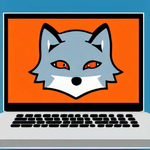 Image similar to icon of a cute fox sitting in front of laptop, cartoon, disney style, vivid colors, orange glow