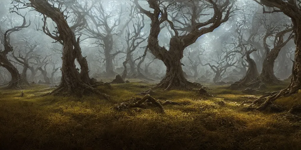 Image similar to artwork of the wretched thicket, by john howe & tim white, exquisite lighting, clear focus, highly detailed, cinematic view, trending on artstation