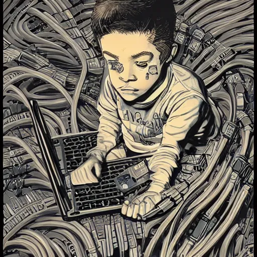 Image similar to illustration of a boy connected to his laptop with hundreds of wires, highly detailed, by butcher billy, mcbess, rutkowski, artgem, james jean, 8 k, photorealistic