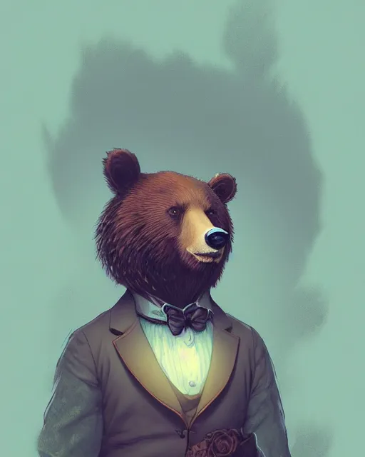 Image similar to anthropomorphic art of a detective bear, victorian inspired clothing by artgerm, victo ngai, ryohei hase, artstation. fractal papersand books. highly detailed digital painting, smooth, global illumination, fantasy art by greg rutkowsky, karl spitzweg