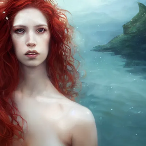 Prompt: a portrait of woman with long dark curly red hair under the water, stoic, pale skin, scales, mermaid, alone, white eyes, dramatic, epic painting, painting by wlop and nixeu, semirealism, artstation, octane render, sharpness, 8 k, golden ratio