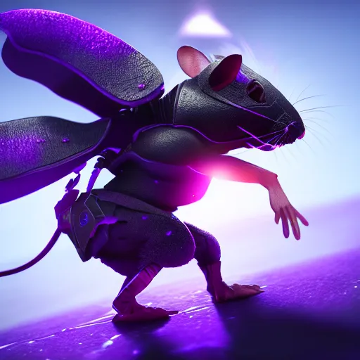 Prompt: armored mouse warrior reaching for a purple crystal, trending on Artstation, octane render, 8k, UHD