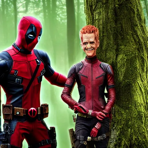 Image similar to deadpool and groot in the woods playing digital art 4 k detailed