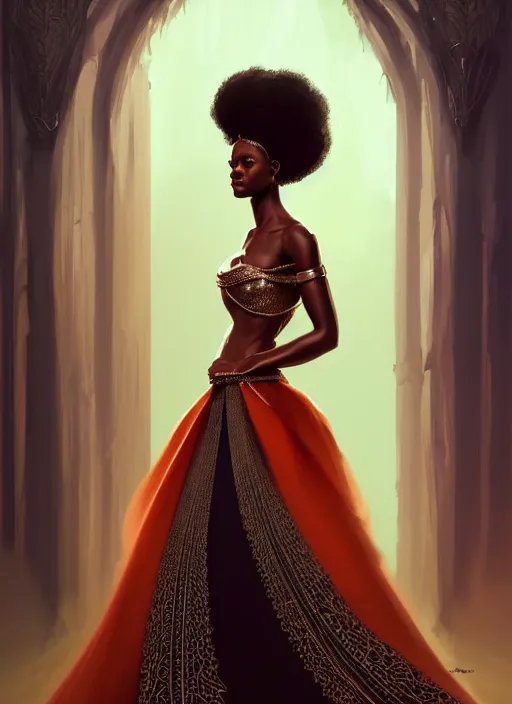 Image similar to full body portrait of young black woman as a princess, beautiful long flowing gown, intricate, beautiful gleaming jewels, highly detailed, digital painting, artstation, concept art, smooth, sharp focus, illustration, art by wlop, mars ravelo and greg rutkowski