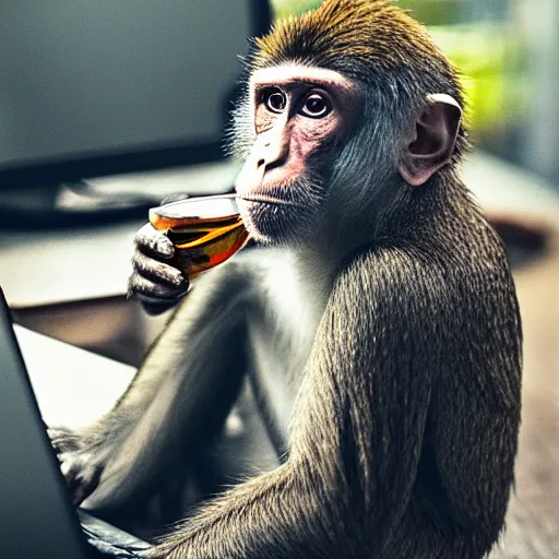 Prompt: Monkeydrinking rum, computer in the background