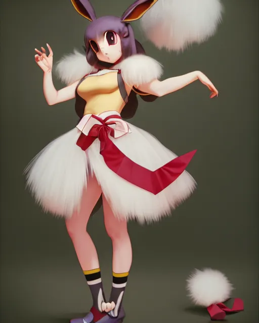 Image similar to photo of eevee pokemon humanisation, in nice fluffy skirt and ribbon, film still, dslr, by greg rutkowski, gil elvgren, enoch bolles, ross tran, artgerm, wlop, glossy skin, pearlescent, very coherent