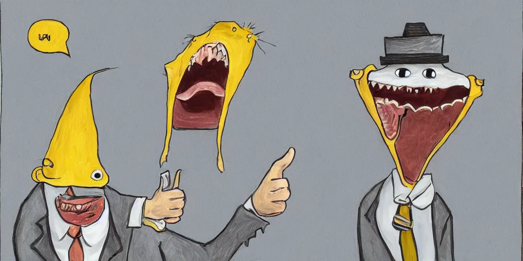 Image similar to an anthropomorphic catfish wearing a suit giving a thumbs up, by lisa hanawalt, by wanda gag