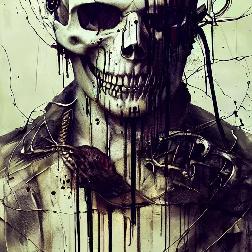 Image similar to skulls wires skin cyberpunk by emil melmoth zdzislaw belsinki craig mullins yoji shinkawa realistic render ominous detailed photo atmospheric by jeremy mann francis bacon and agnes cecile ink drips paint smears digital glitches glitchart