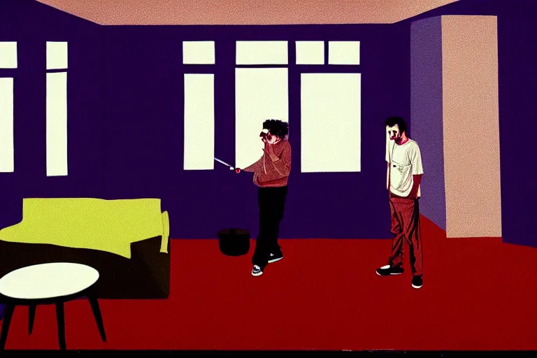 Prompt: old israeli apartment, todd solondz drinking alone, smoking, vaporwave colors, state of melancholy, romantic, dimmed lights, painting by francis bscon