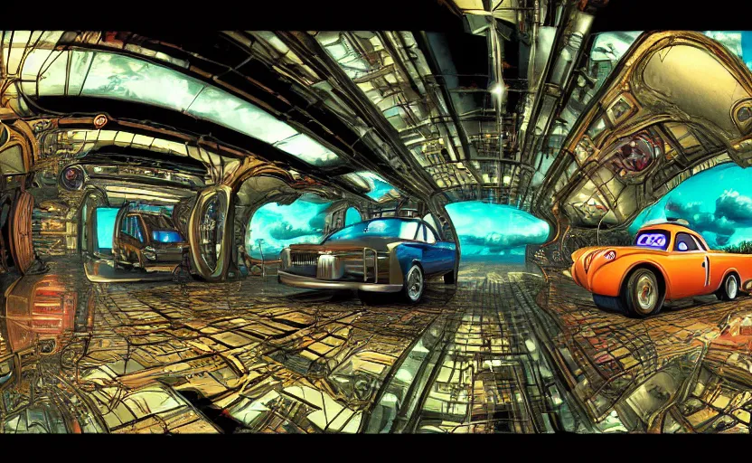 Prompt: mater from cars in a mirrored fractal hallway, romance novel cover, dmt visualization, in 1 9 9 5, y 2 k cybercore, industrial photography, still from a ridley scott movie