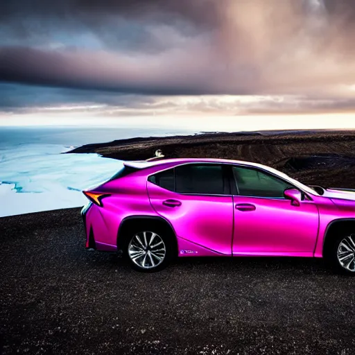 Image similar to a new lexus standing at the edge of a cliff in iceland, surrounded by magenta neon lines, moody sky