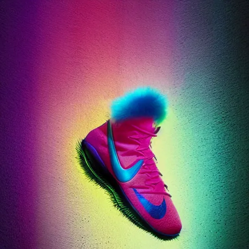 Image similar to poster nike shoe made of very fluffy colorful faux fur placed on reflective surface, professional advertising, overhead lighting, heavy detail, realistic by nate vanhook, mark miner