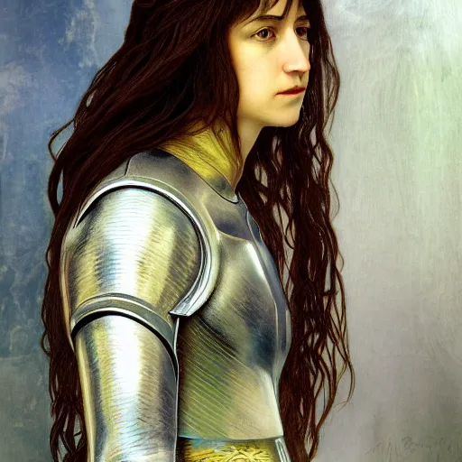 Image similar to portrait of charlotte gainsbourg as joan of arc, hyperreal digital painting, iconography influenced by alphonse mucha and eugene delacroix, arstation and deviantart trends, high resolution 8 k