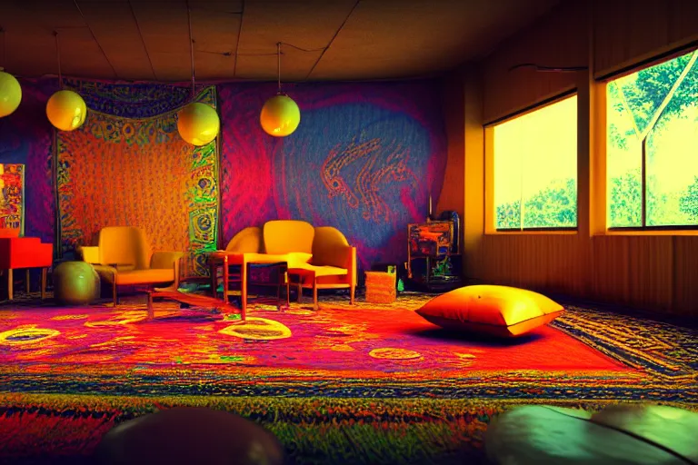 Prompt: interior of a 6 0 s hippie lounge, water pipes, lava lamps, ambient light, persian carpets, pillows, realistic, highly detailed, unreal engine, octane render,