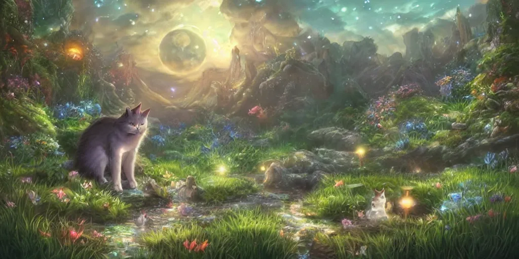 Image similar to final fantasy visual of a cat in a magical fantasy garden at night, moonlight, fireflies glowing, lofi feel, magical, highly detailed, digital art, artstation, smooth, hard focus, illustration, art by artgerm - in the style of final fantasy and studio ghibli