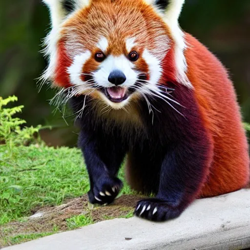 Prompt: a red panda wearing a tan striped shirt