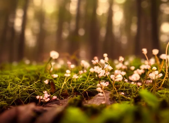 Image similar to a magical forest with delicate flowers and mushrooms that glow in the dusk, macro close up, bokeh,