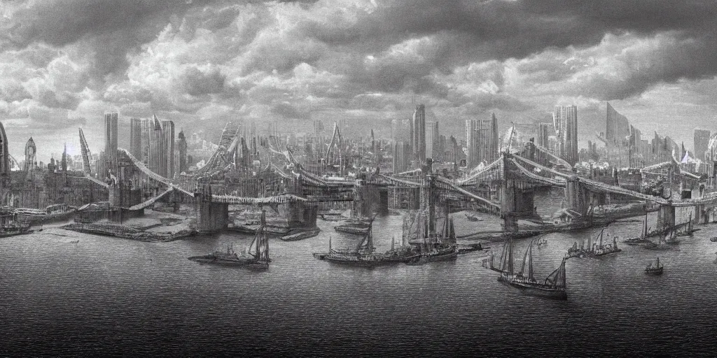 Prompt: illustration, concept illustration, a single giant ancient linear city on a single bridge, giant continent bridge city build over the ocean in a straight line, ships with sails underneath, fading into the distance, old London Bridge