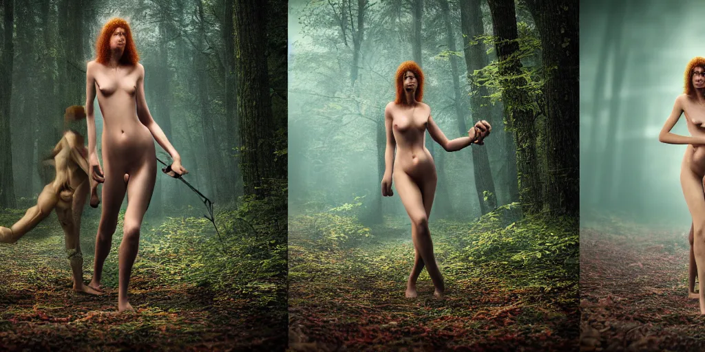 Prompt: clearing in forest, frightened woman by johannen voss by david cronenberg by francis bacon by peter kemp by octane render blender 8 k
