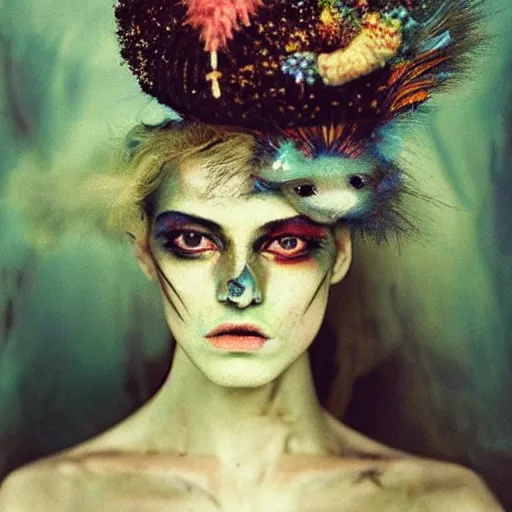 Prompt: kodak portra 4 0 0, wetplate, photo of a surreal artsy dream scene,, weird fashion, in the nature, highly detailed face, very beautiful model, portrait, expressive eyes, extravagant dress, carneval, animal, wtf, photographed by paolo roversi style and julia hetta