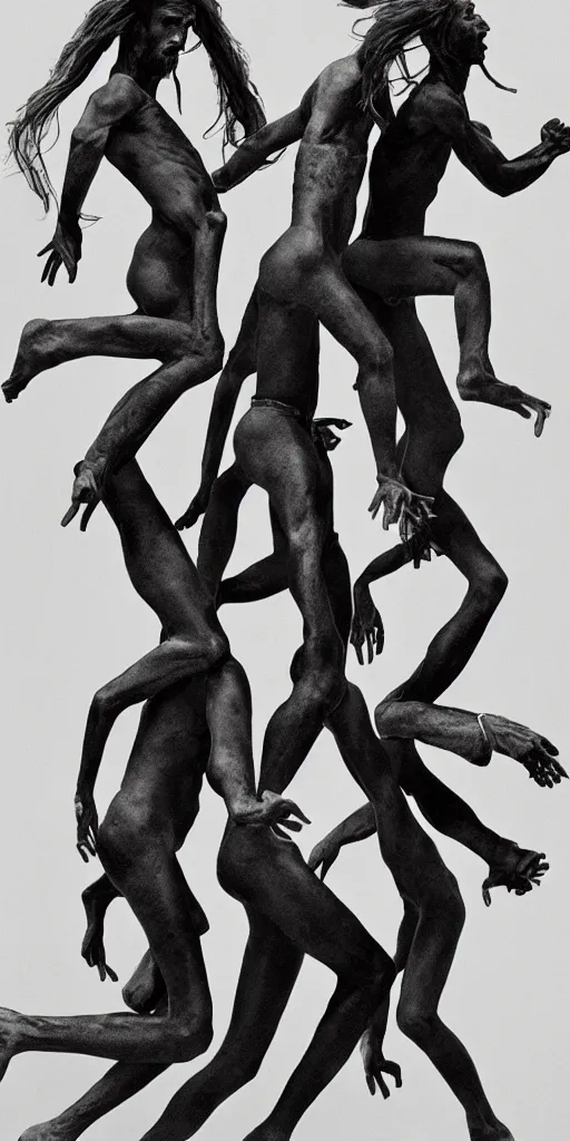 Image similar to a jumping old 3 headed man, 6 eyes with 3 heads and 6 eyes, long hair, jumping, by annie leibovitz