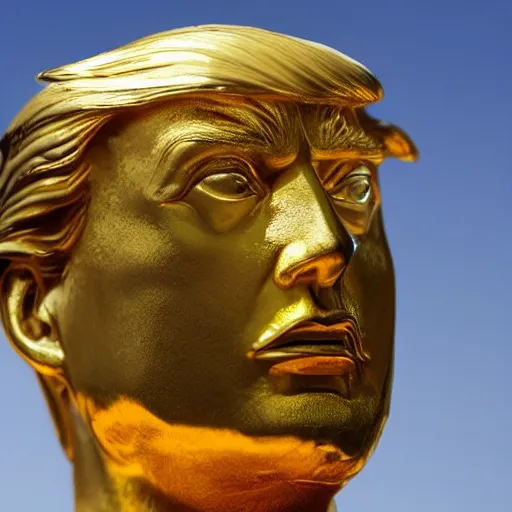 Image similar to donald trump golden statue starting to melt, drips of molten metal ground angle, uhd 8 k, sharp focus