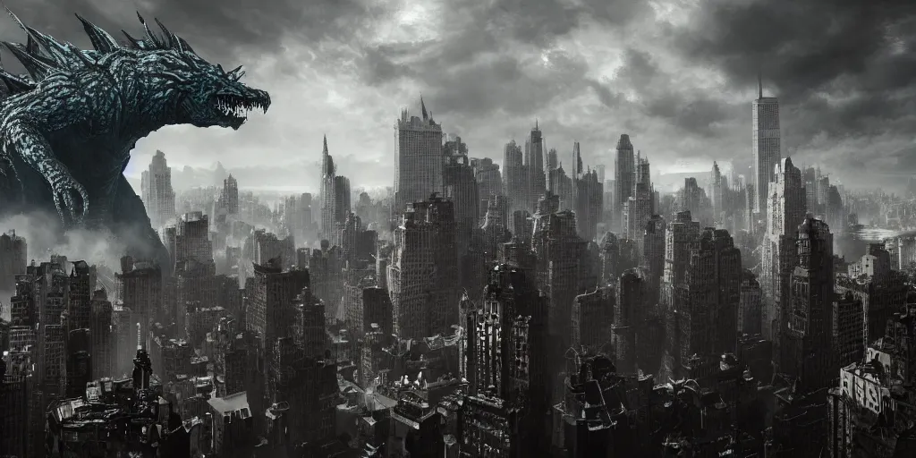 Image similar to Kaiju towering above New York, dark souls concept art, dramatic lighting, highly stylized, high-quality wallpaper, desktopography