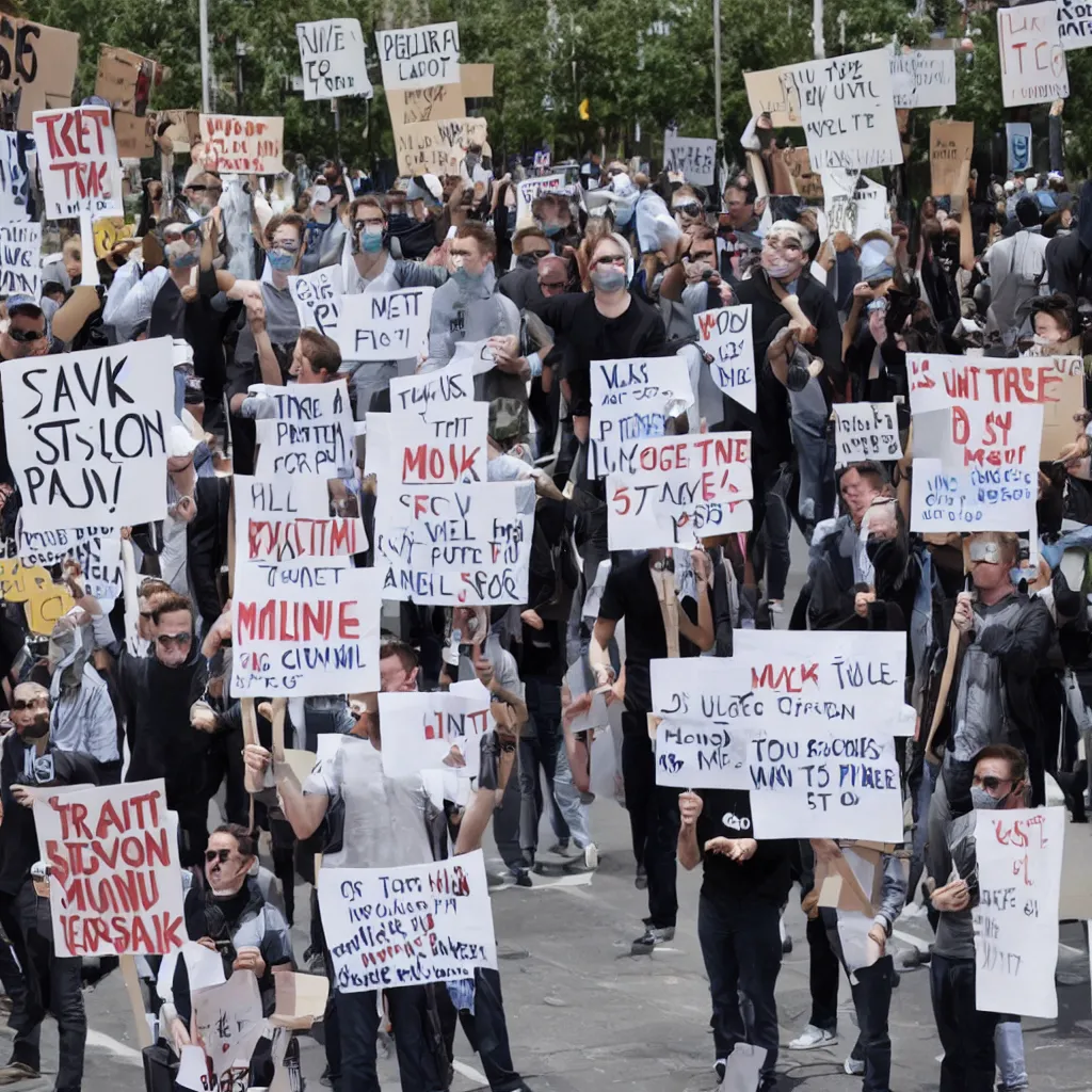 Prompt: five clones of elon musk protesting in the street, eye level photo. 4k