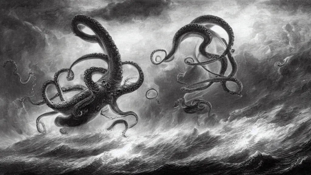 Prompt: drawing of a giant octopus attacking a steampunk zeppelin above a stormy ocean, by gustave dore, nineteenth century, black and white, vintage, science fiction, epic composition, dramatic lighting, highly detailed, cinematic